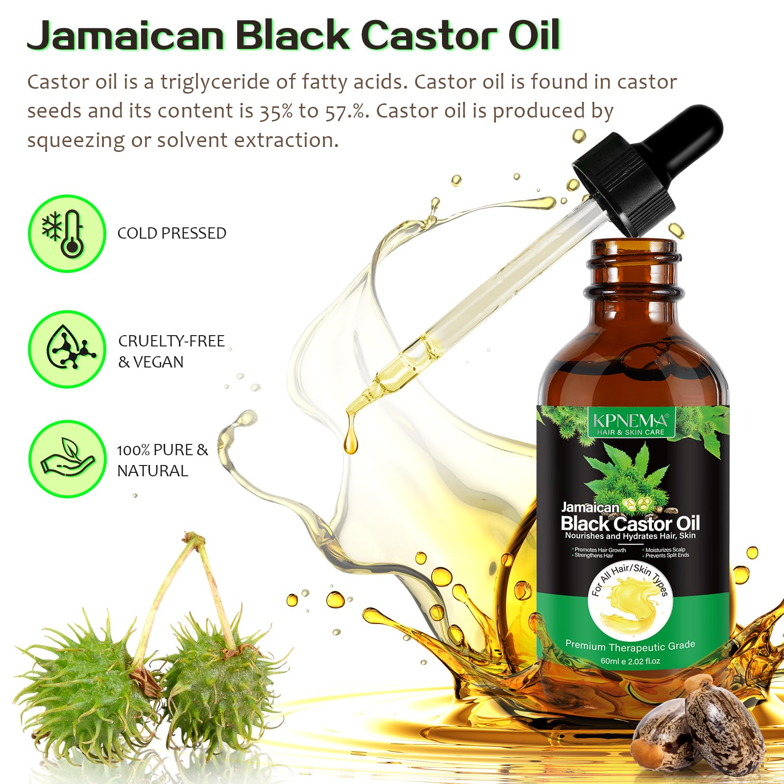 KPNEMA Jamaican Black Castor Oil label close-up with organic, cold-pressed cues