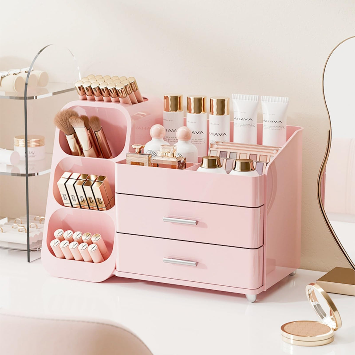 KQJS makeup organizer pink-front view with a large drawer for easy skincare storage