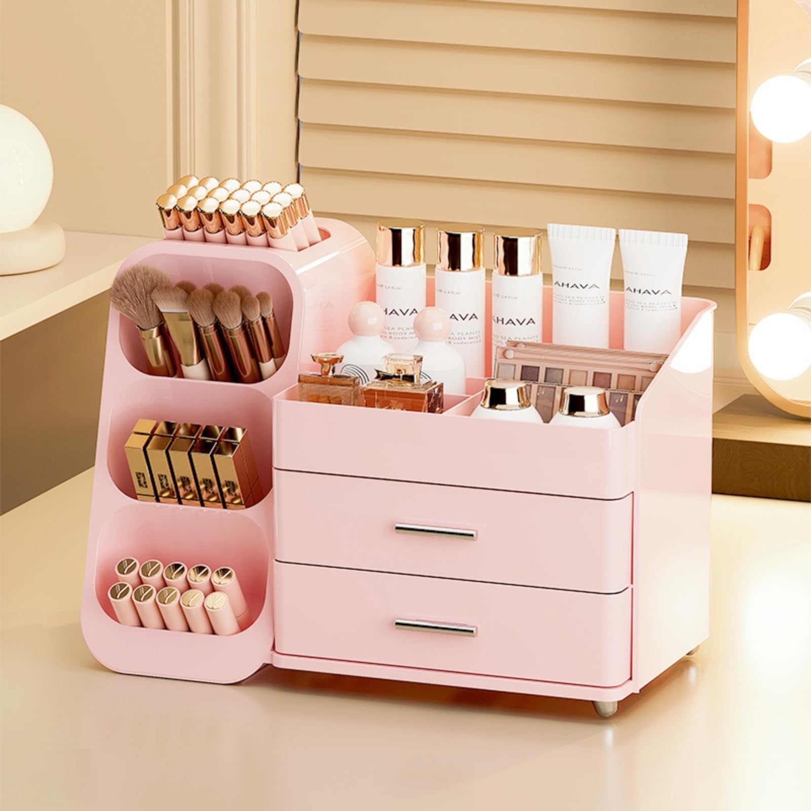 KQJS makeup organizer side-angle showing tall bottles fitting neatly for skincare routines