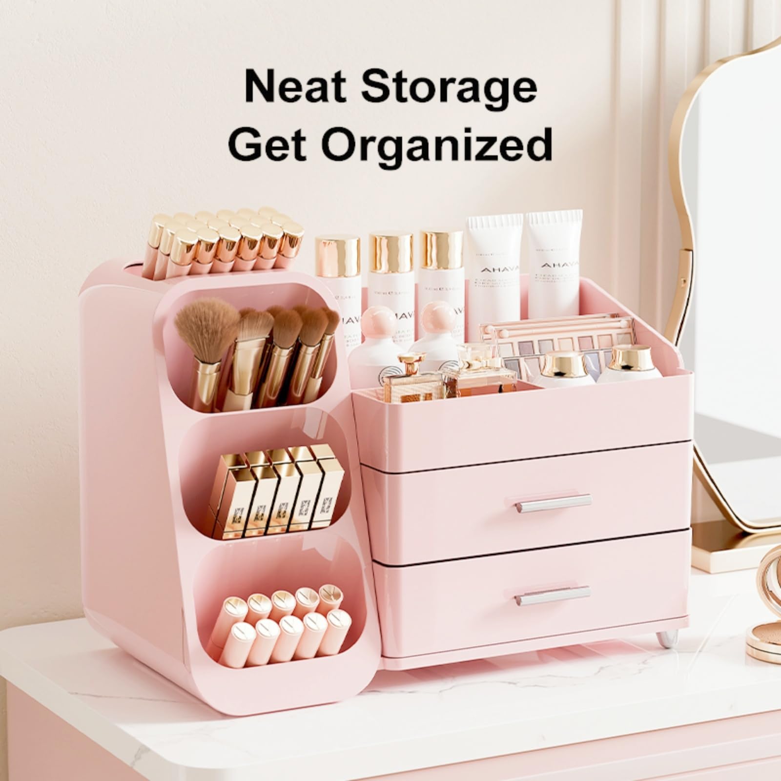 KQJS makeup organizer high-capacity-storage highlights three-layer design maximizing vanity space
