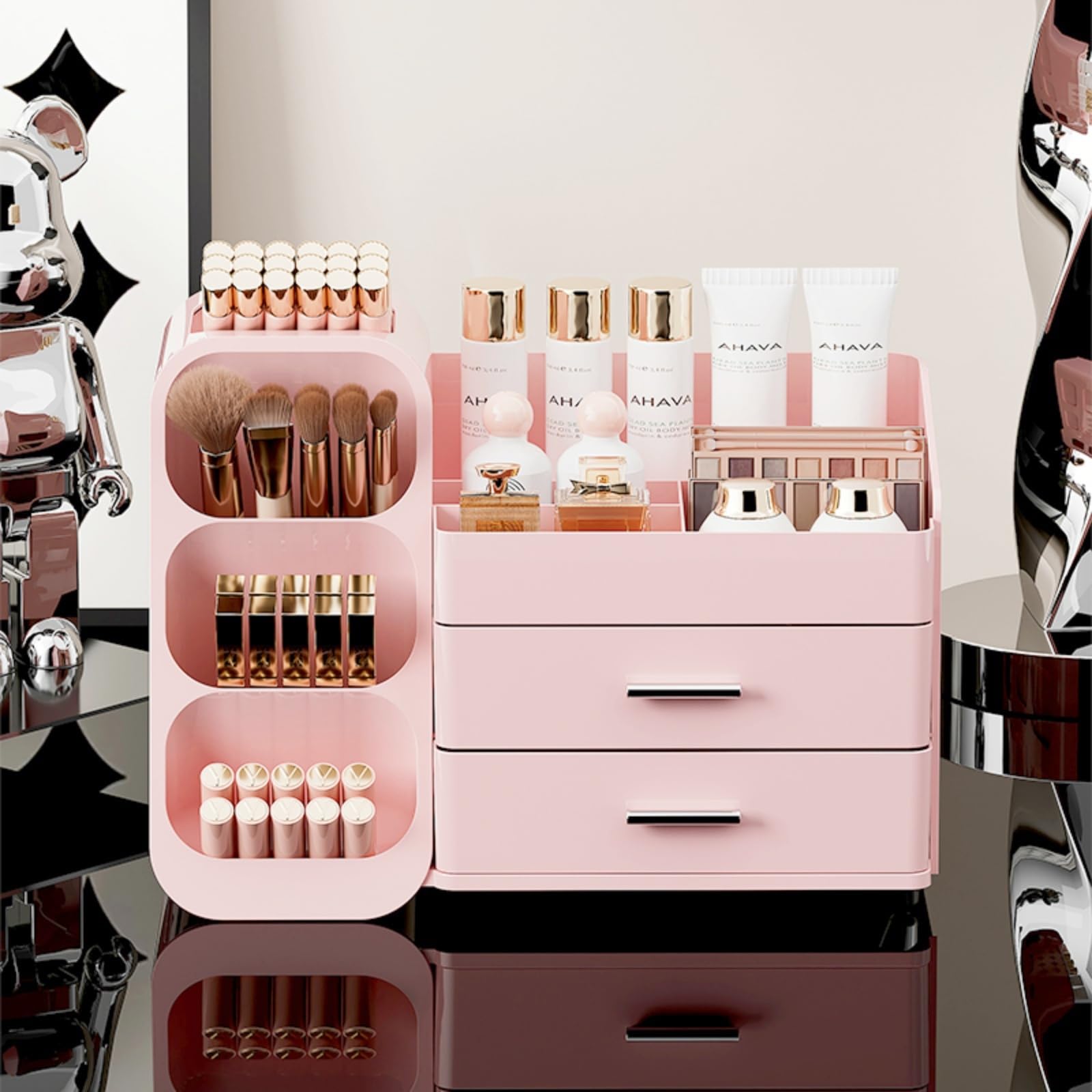 KQJS makeup organizer vanity-on-dresser placement demonstrates functional use on surfaces