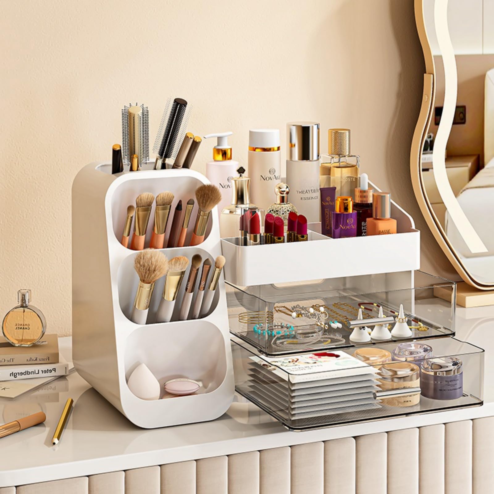 KQJS makeup organizer vanity setup on a dresser enhances tidy morning routines.