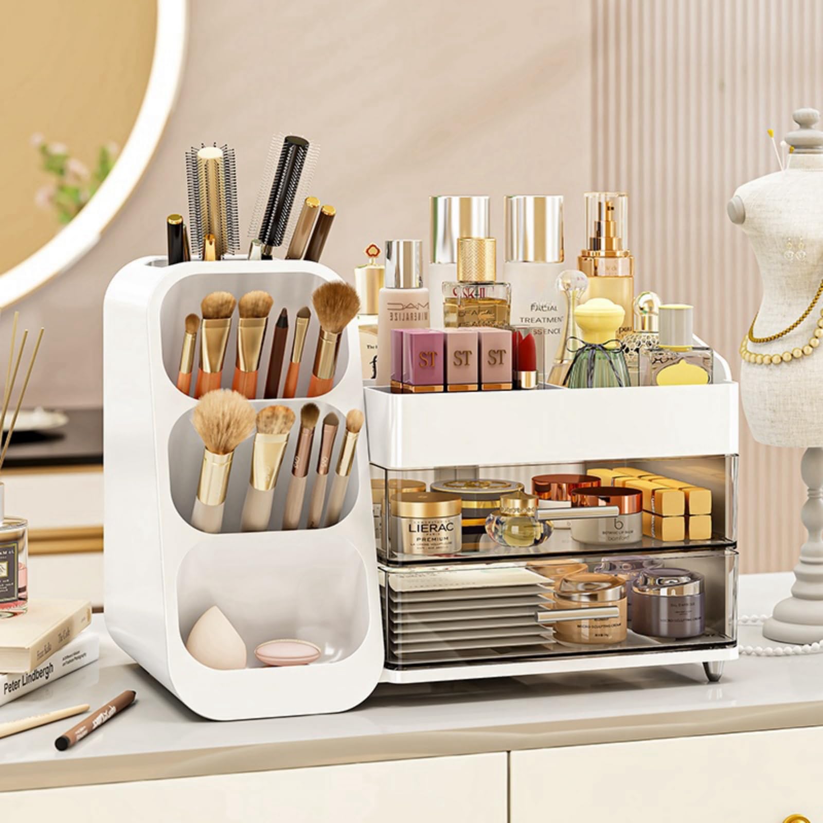 KQJS makeup organizer white front view shows ample vanity storage for cosmetics.