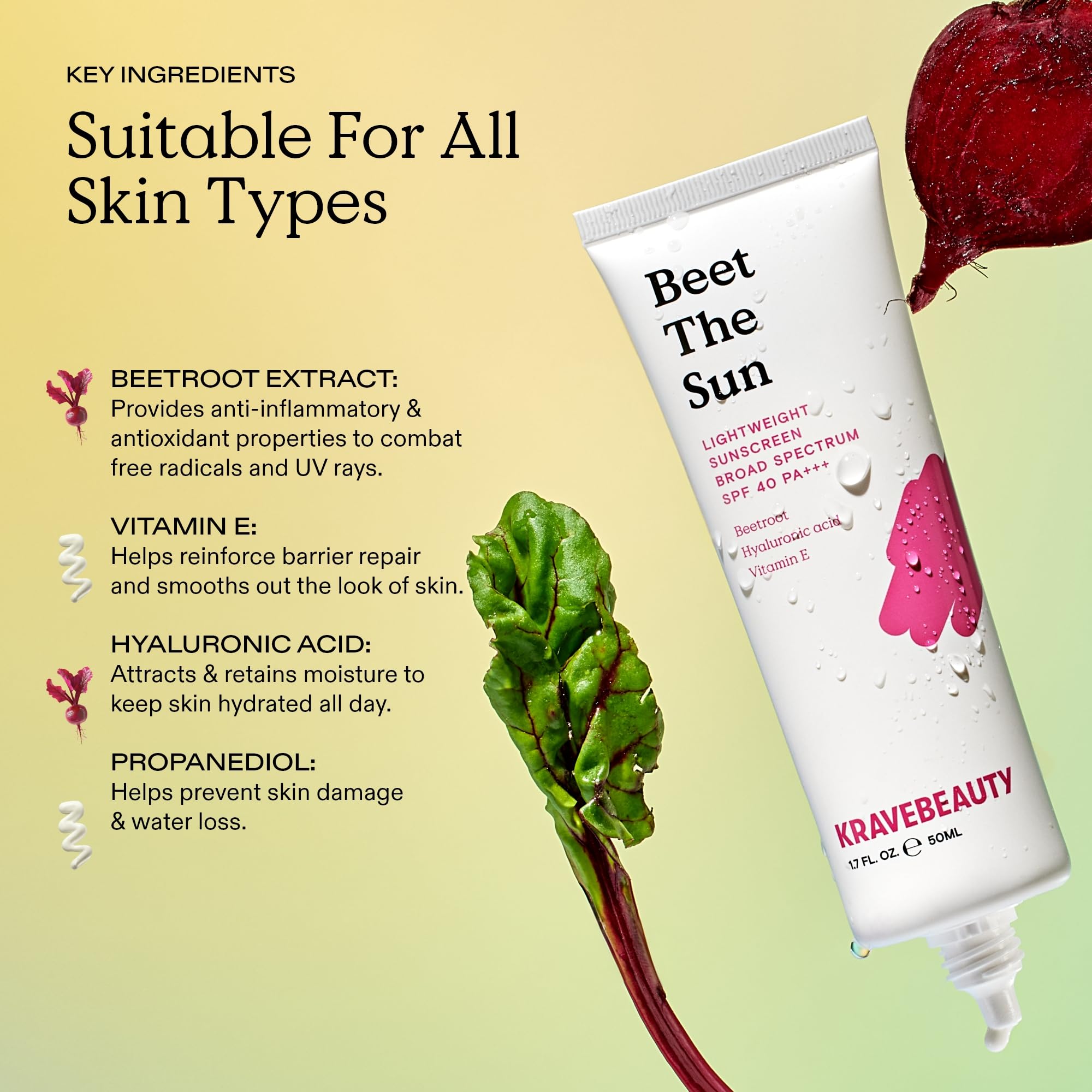 KraveBeauty Beet The Sun SPF 40 beetroot-ingredient label highlights key actives.