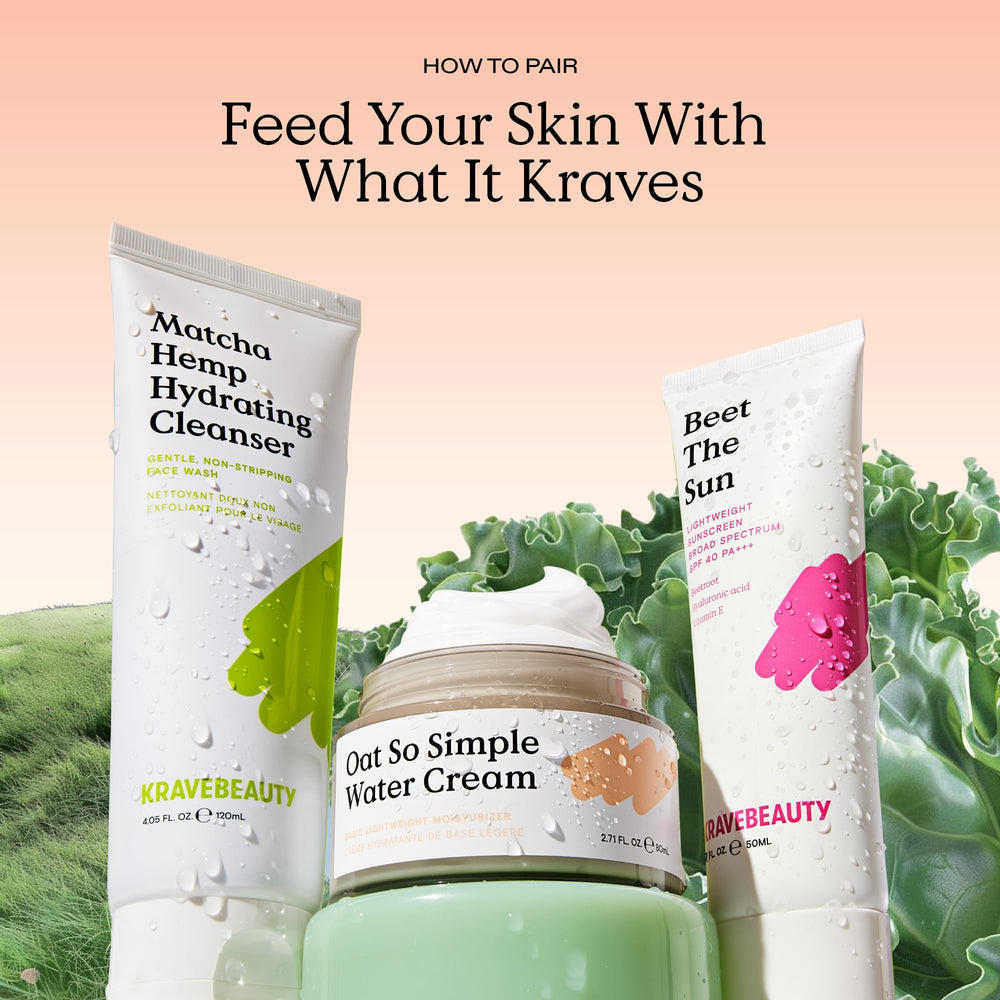 KraveBeauty Oat So Simple Water Cream on face use shows smooth calm skin routine.
