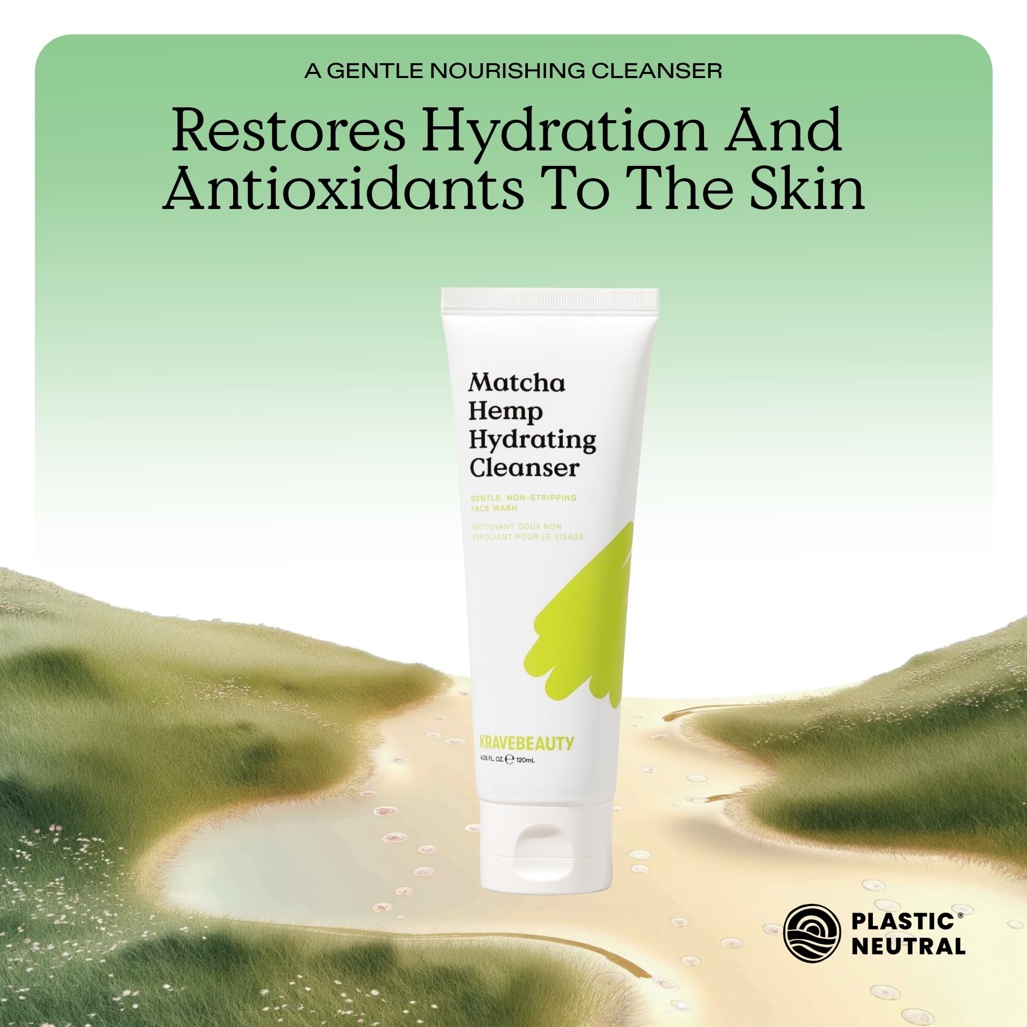 KraveBeauty rinsing with Matcha Hemp cleanser, leaves skin balanced and soft