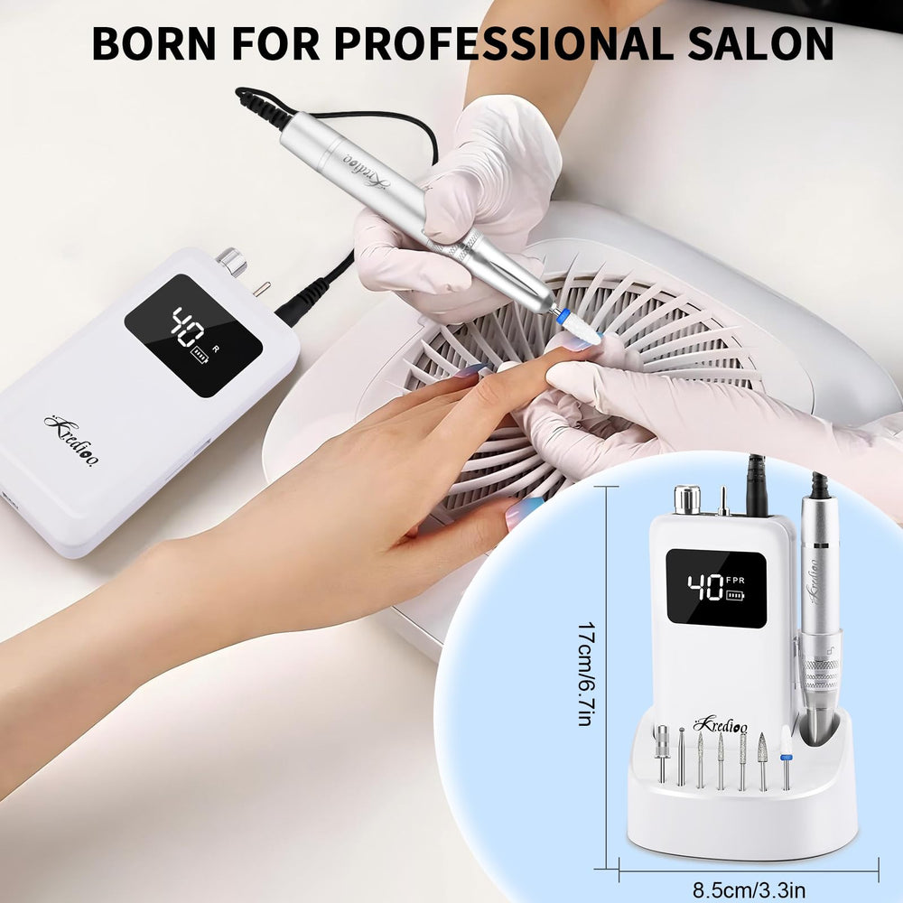 Kredioo nail drill recharge time around 2.5 hours for long sessions