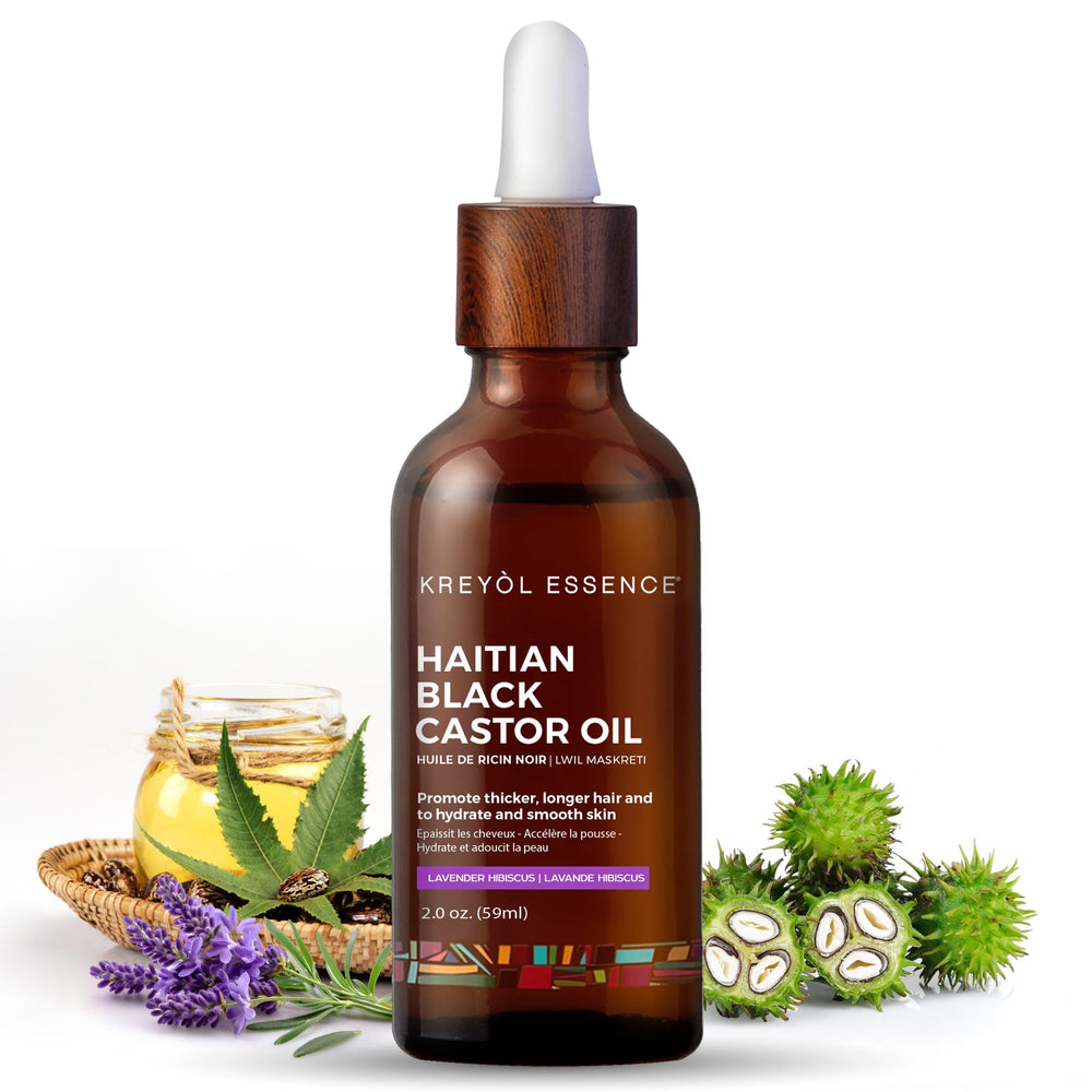 Kreyol Essence Haitian Black Castor Oil glass bottle for skin and hair care, hydration and shine.