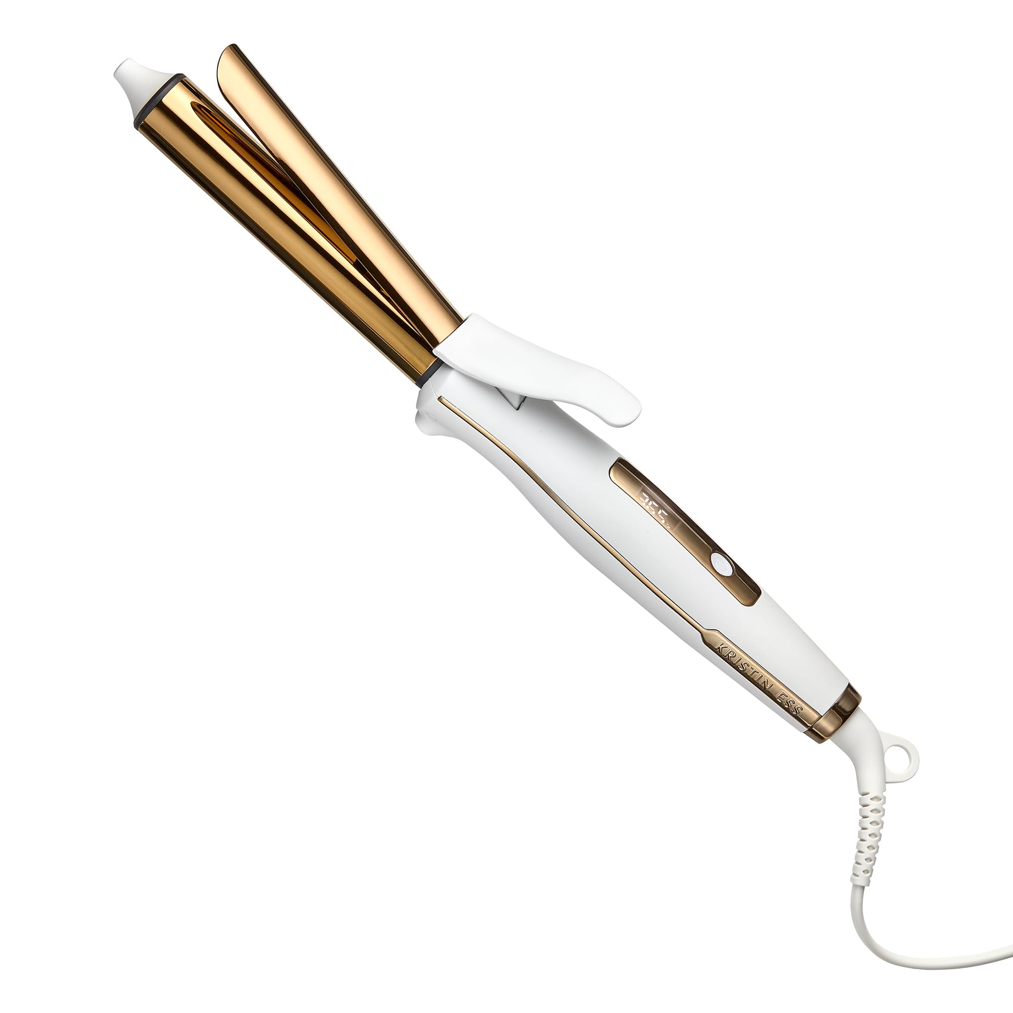Kristin Ess 1-inch titanium curling iron barrel gliding through hair for polished beach waves