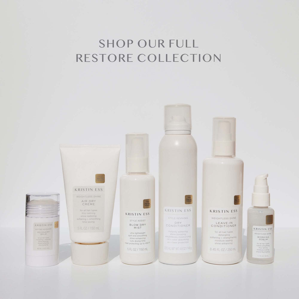 Kristin Ess Dry Conditioner packaging highlighting vegan cruelty-free and color keratin safe claims