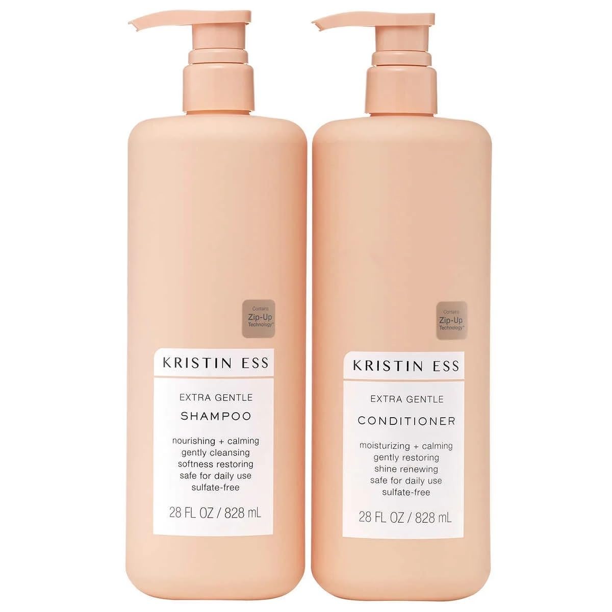 Kristin Ess Extra Gentle shampoo bottle closeup highlighting gentle cleansing for all hair types.