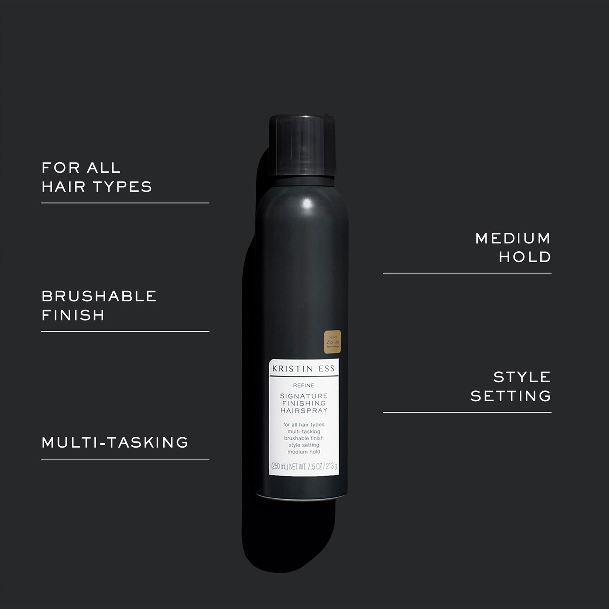 Kristin Ess Hair Refine Signature Finishing Hairspray supports day-to-evening styling versatility
