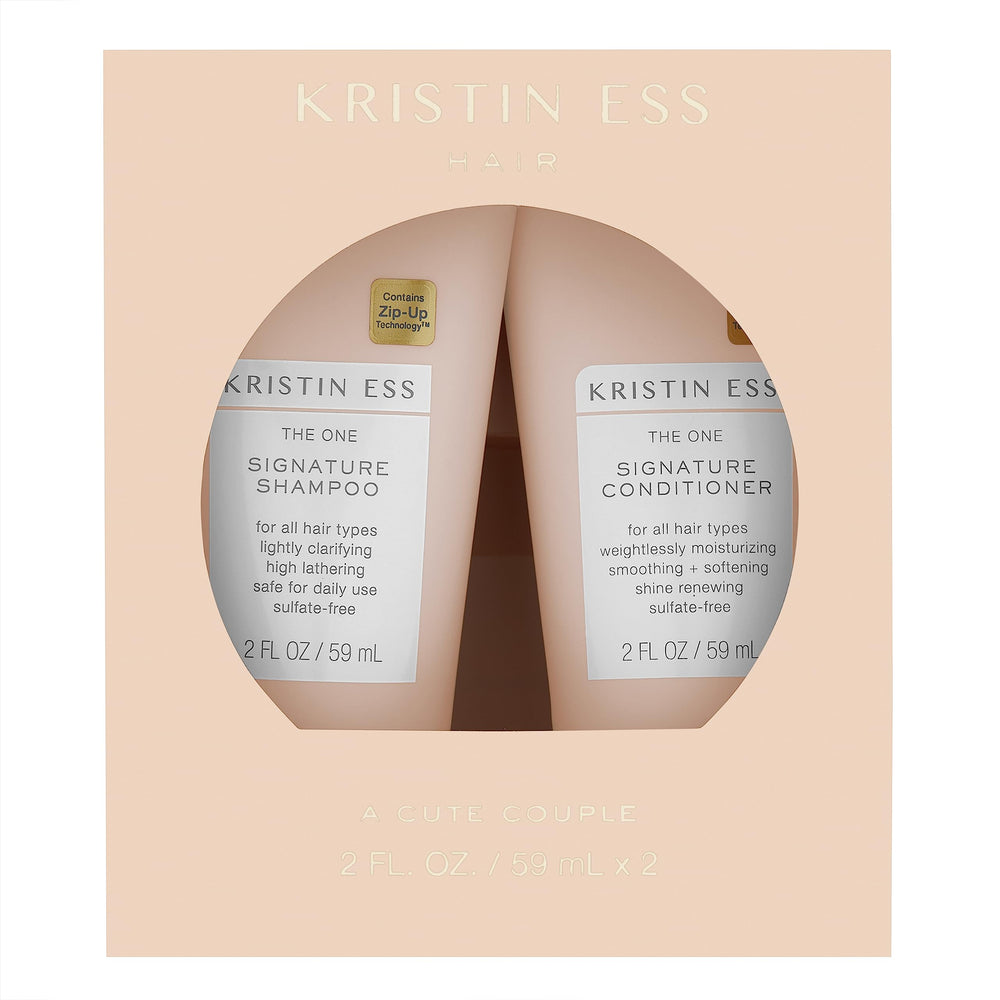 Kristin Ess Signature travel shampoo bottle highlights sulfate-free formula for all hair types