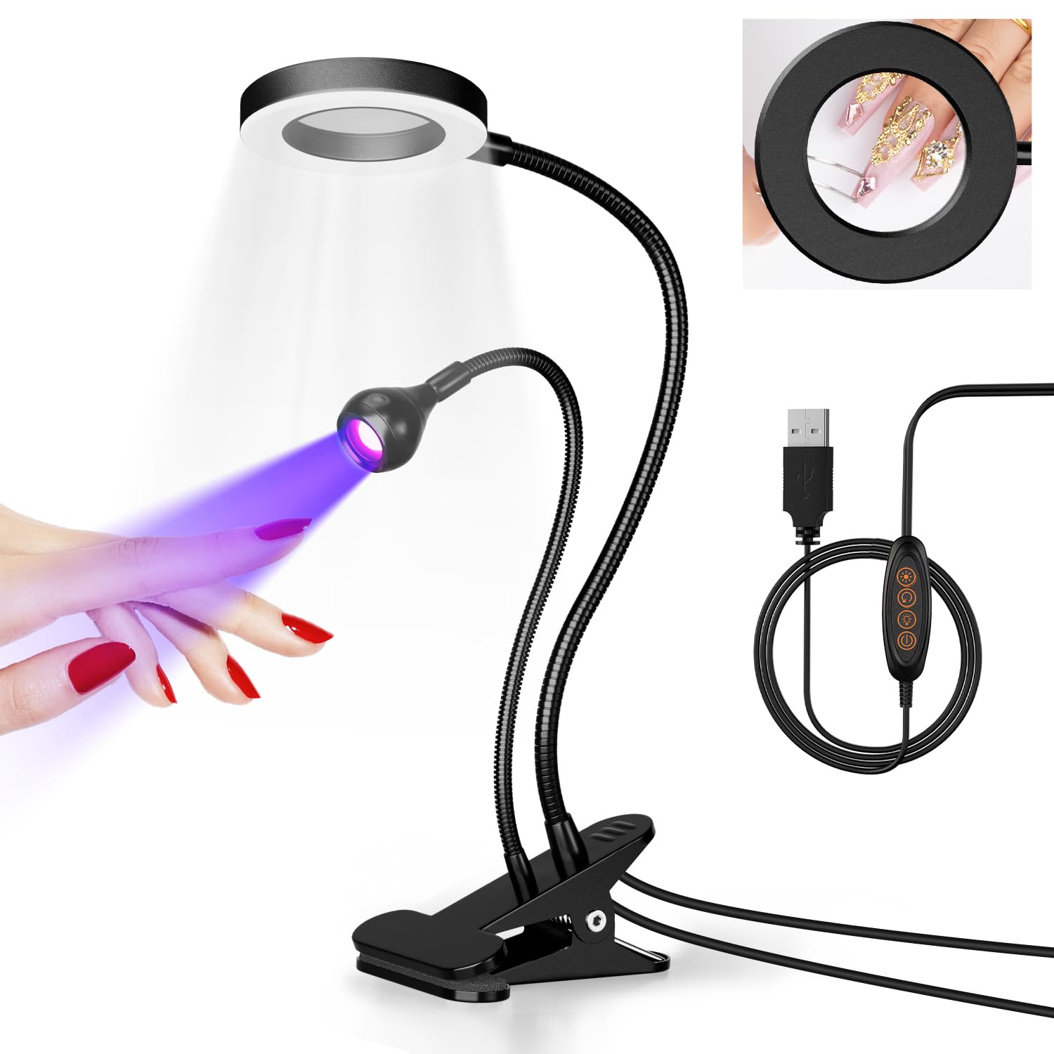 krofaue dual-headed UV nail lamp with 6x magnifier provides precise curing and detailed inspection.