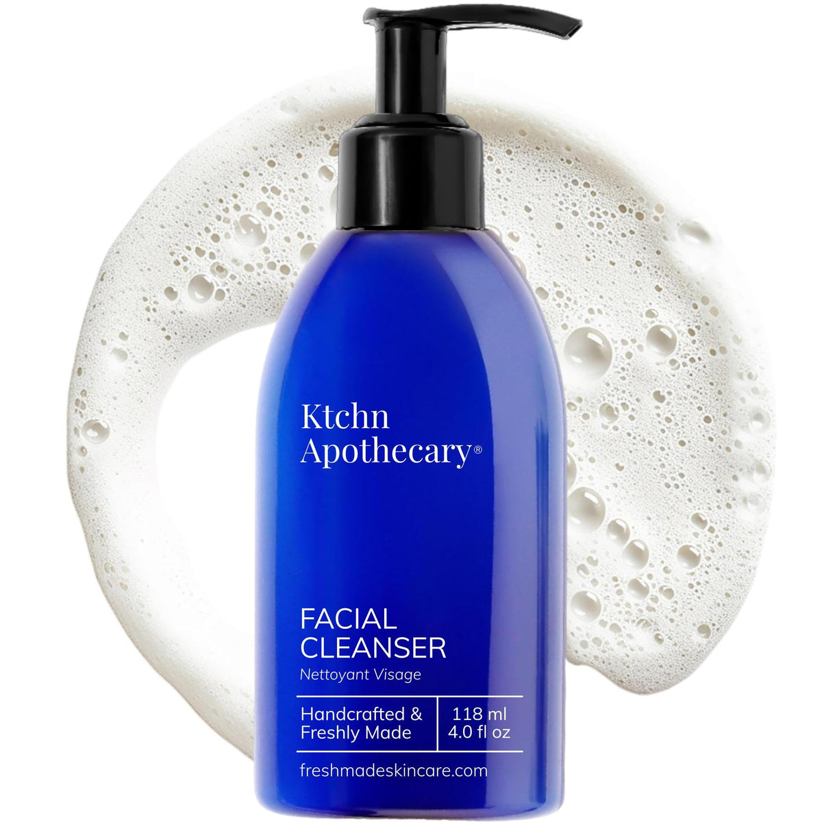 Ktchn Apothecary natural hydrating foaming facial cleanser bottle pouring for a gentle daily cleanse