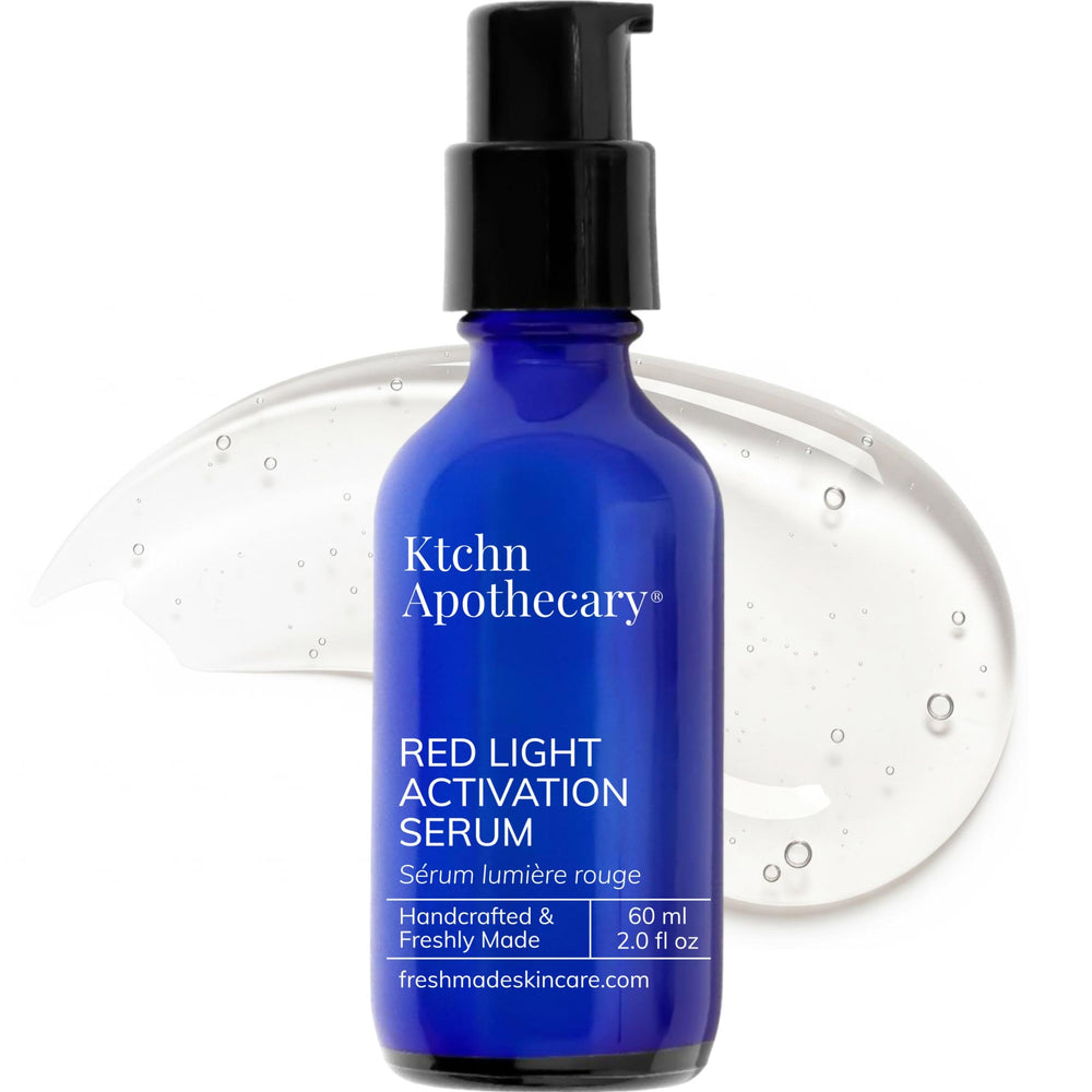 Ktchn Apothecary red-light therapy serum bottle promotes brighter, firmer skin during light therapy.