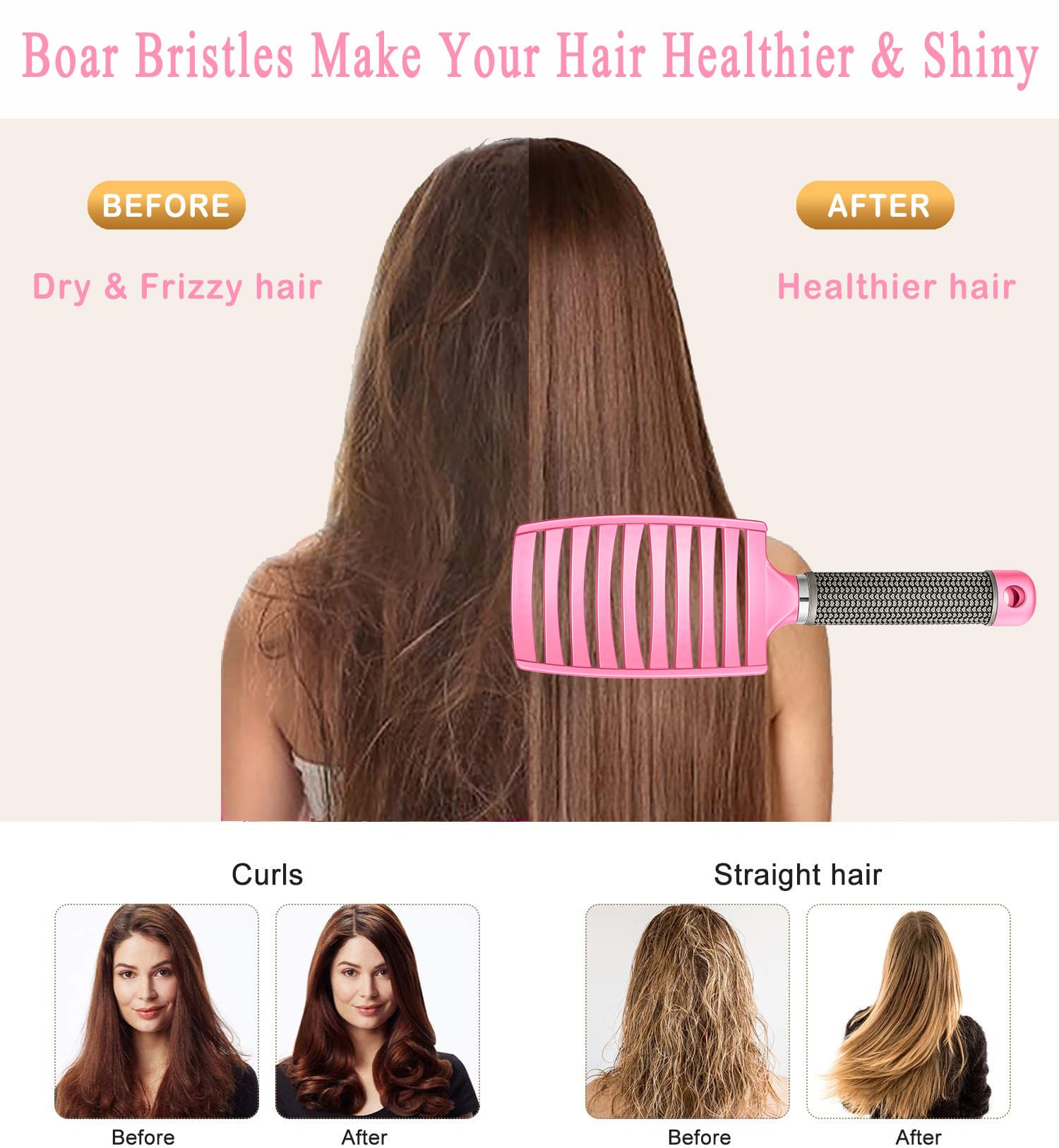 KTKUDY detangler brush bristles close-up showing soft boar bristles reduce pulling