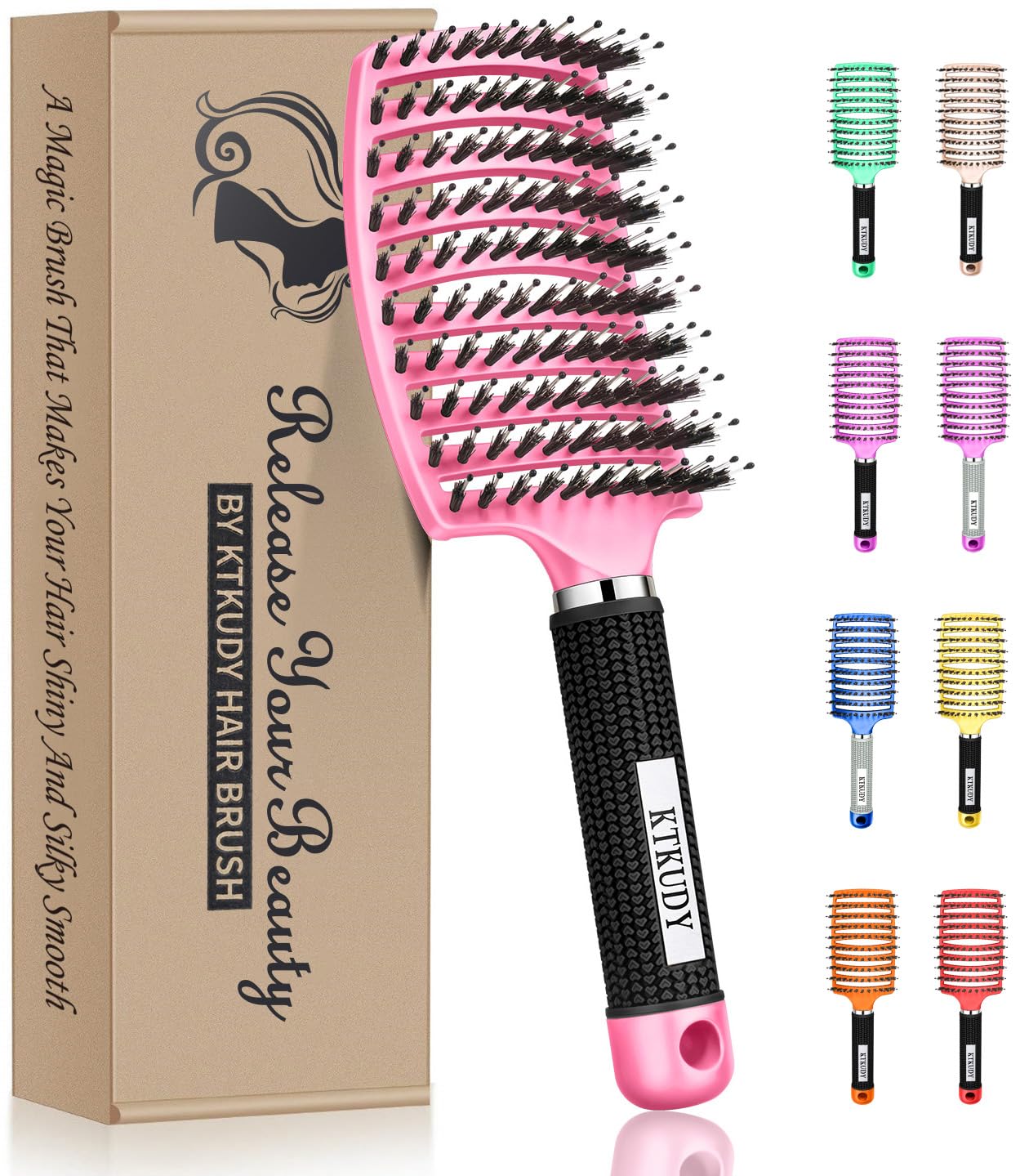 KTKUDY detangler brush front view in pink for smooth, painless detangling