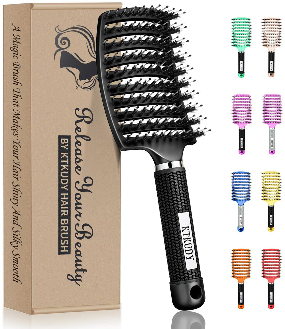 KTKUDY detangling brush black front view, promoting smooth, tangle-free styling