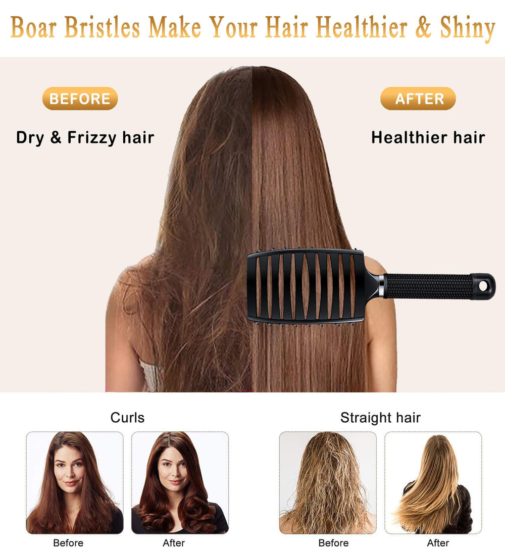KTKUDY detangling brush boar bristles closeup, distributing natural oils for healthier shine