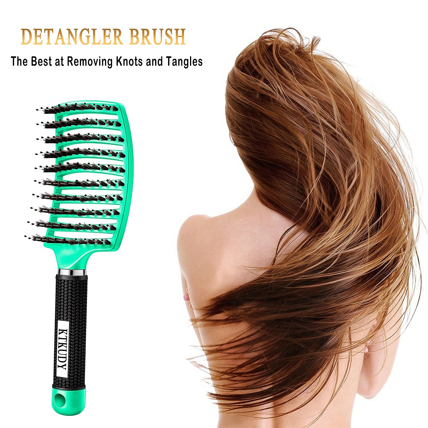 KTKUDY detangling brush boar bristles close-up for gentle detangling with less tugging.