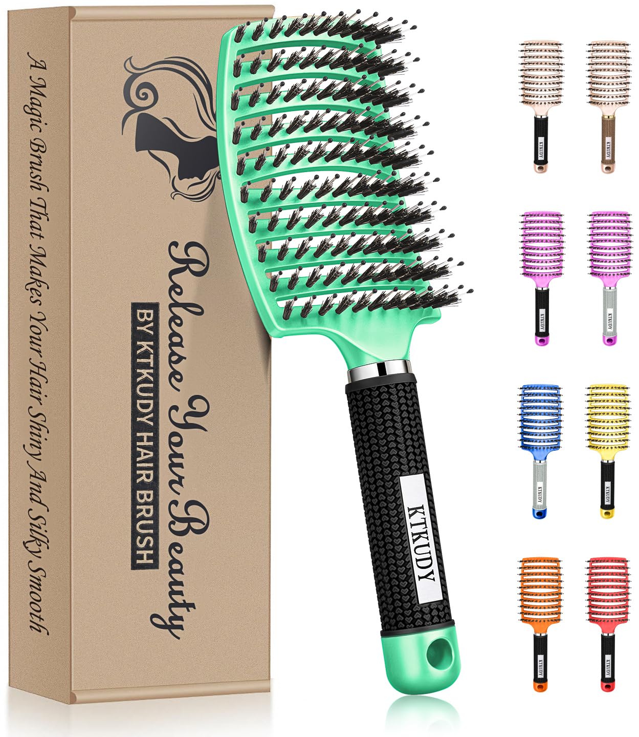 KTKUDY detangling brush front view with boar bristles for smoother hair.