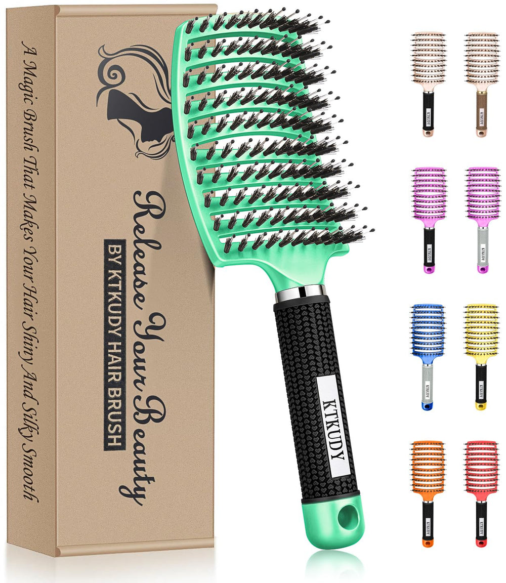 KTKUDY detangling brush front view with boar bristles for smoother hair.
