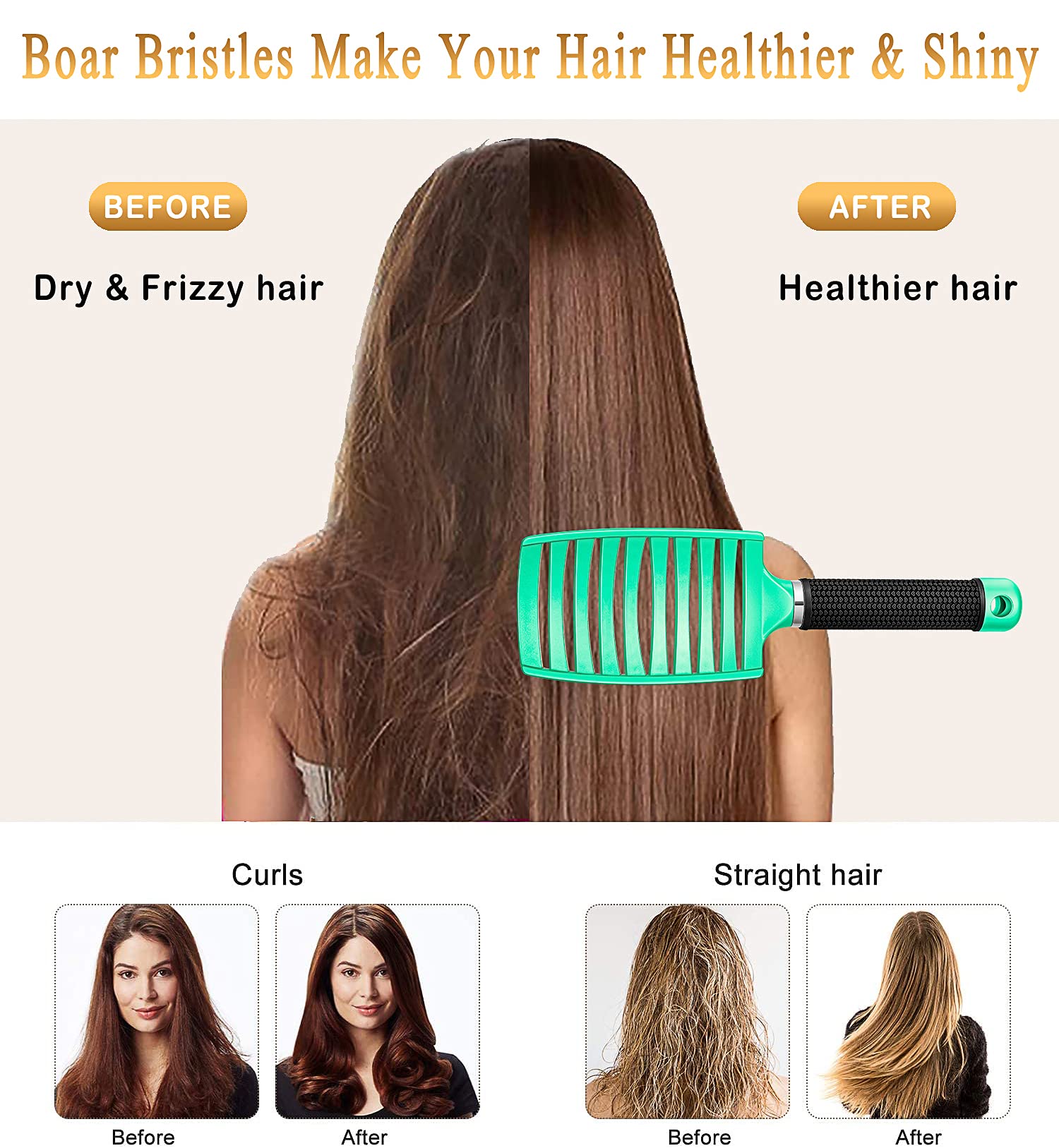 KTKUDY detangling brush side view shows curved, vented design for fast drying.