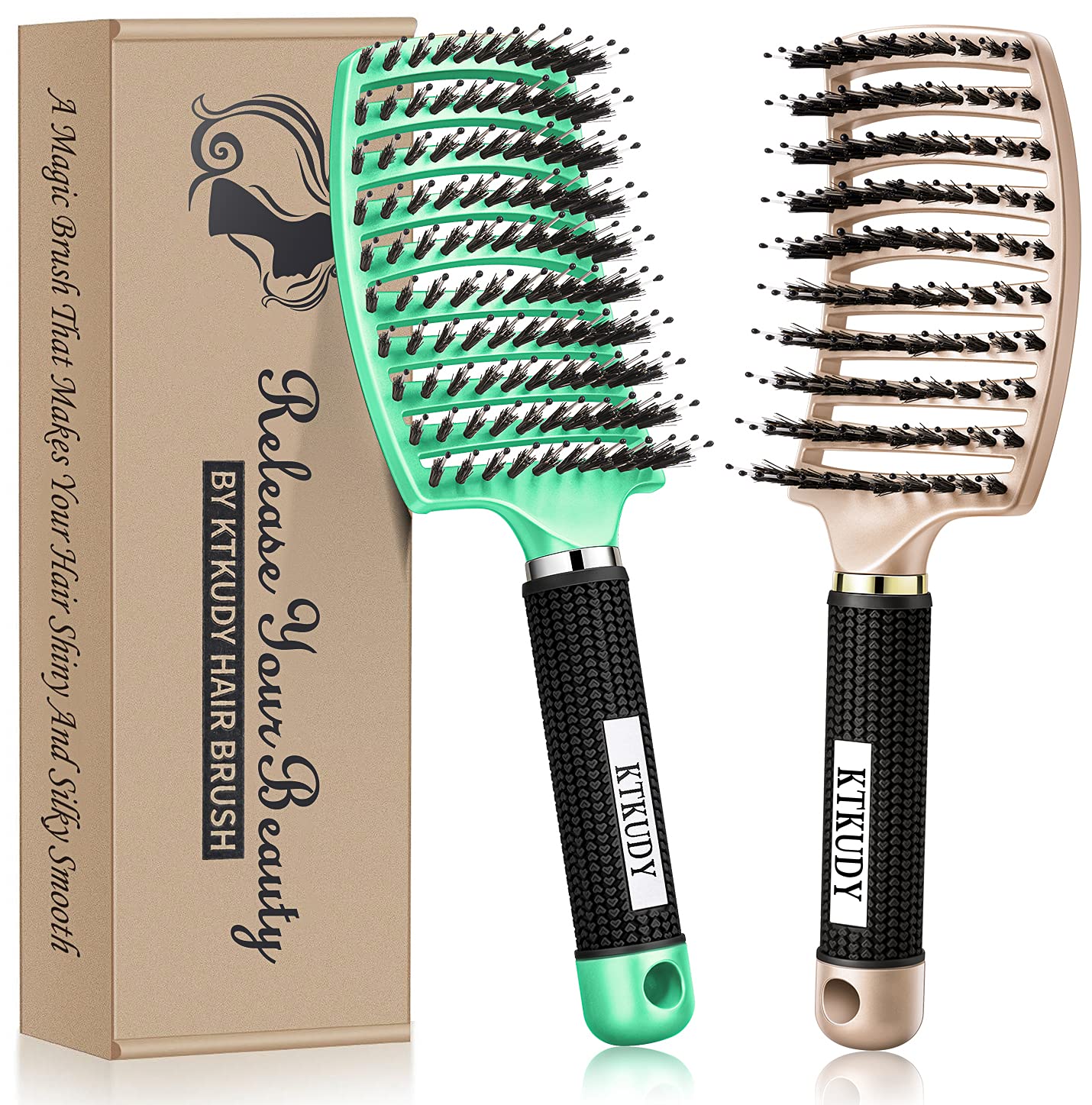 KTKUDY detangling brush close-up shows boar bristles that ease knots and reduce tugging