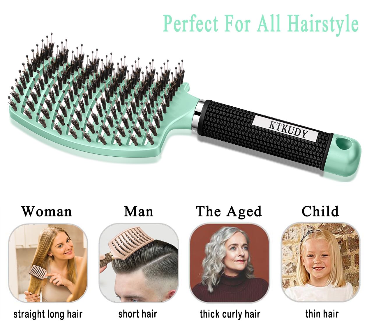 KTKUDY detangling brush curved-ergonomic-shape ergonomic grip for painless brushing.