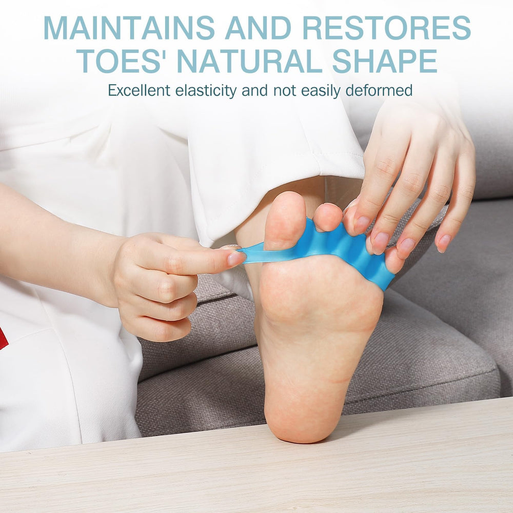 KTSAY toe separators blue bunion relief close-up highlighting soft silicone and secure fit
