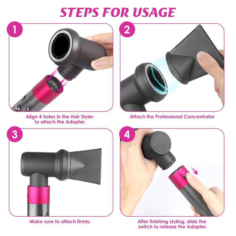 Kuflant magnetic attachment adapter enables fast, tool-free attachment swaps during styling.