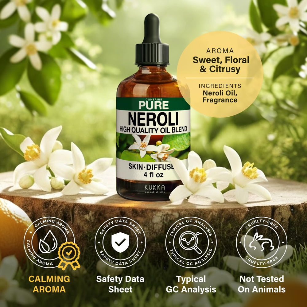 KUKKA neroli label closeup showing purity and directions, confidence in quality benefit