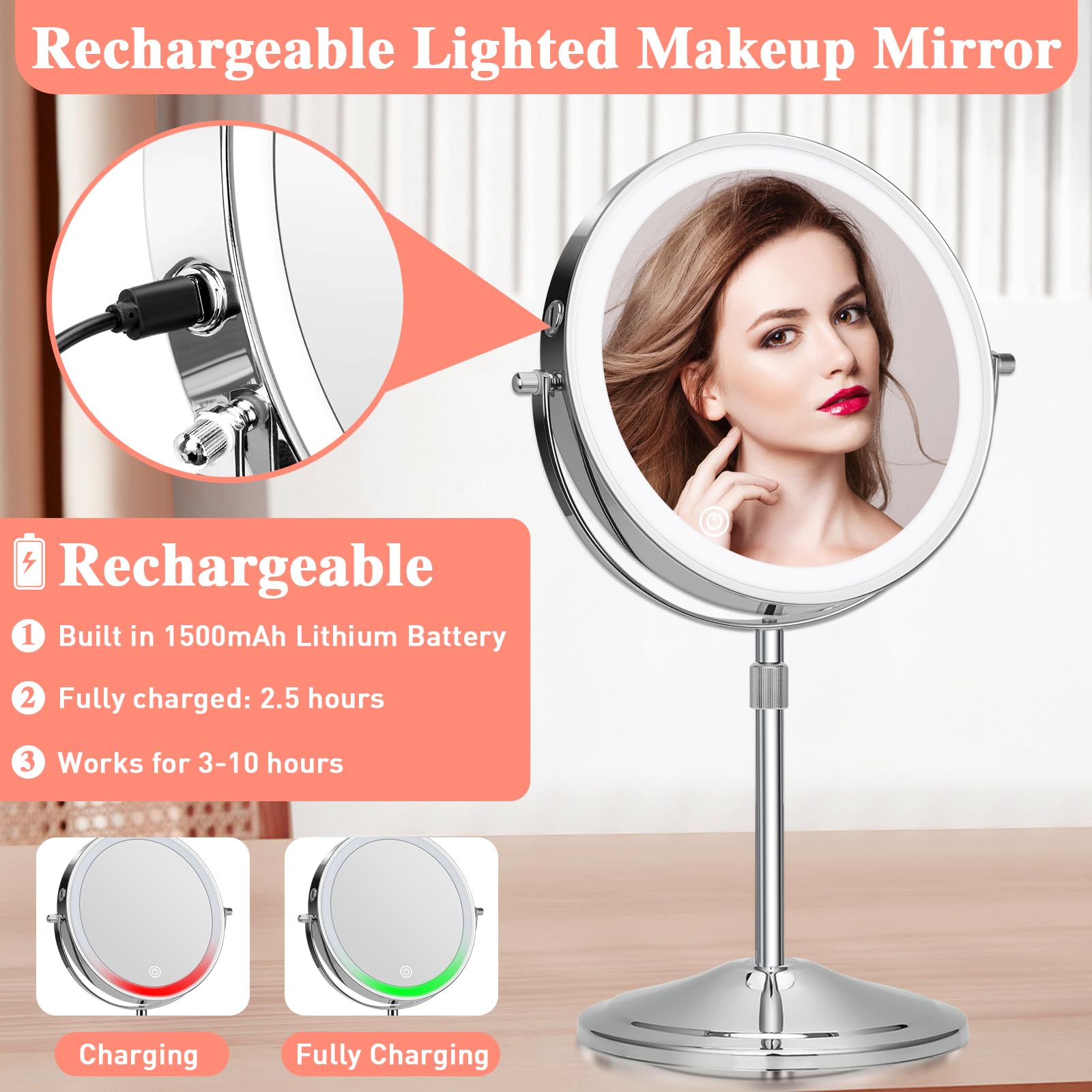 KuMers detachable base vanity mirror for easy tabletop placement