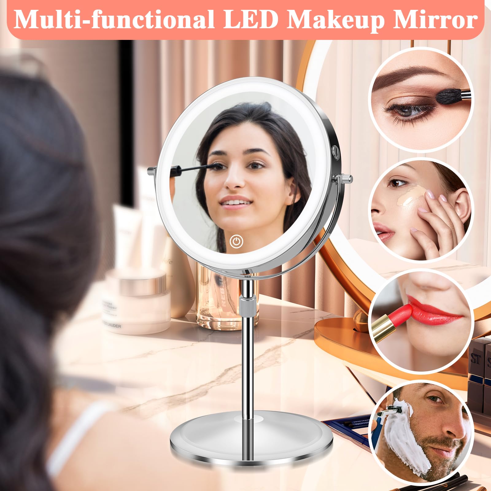 KuMers lighted makeup mirror in use at a vanity with adjustable height