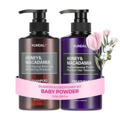 KUNDAL Baby Powder shampoo bottle promotes gentle daily cleansing.