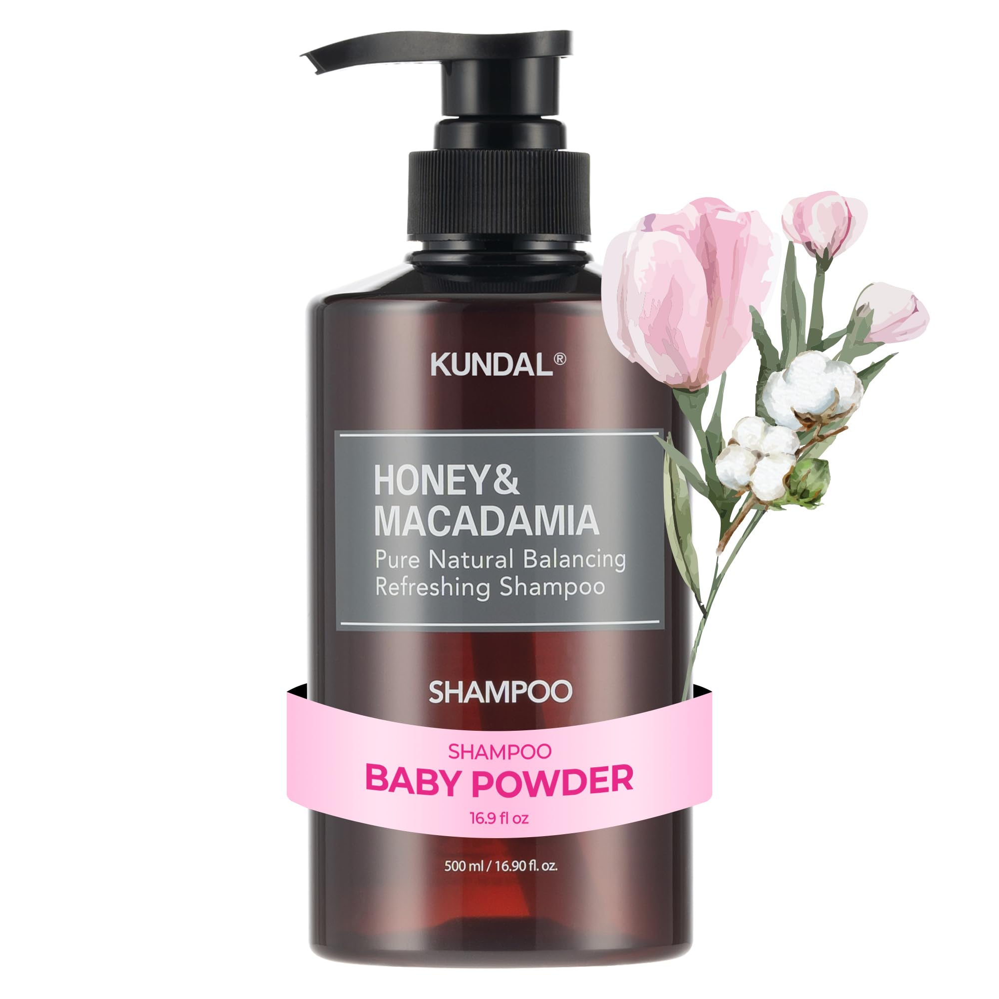 KUNDAL Honey & Macadamia Shampoo bottle closeup highlights long-lasting fragrance