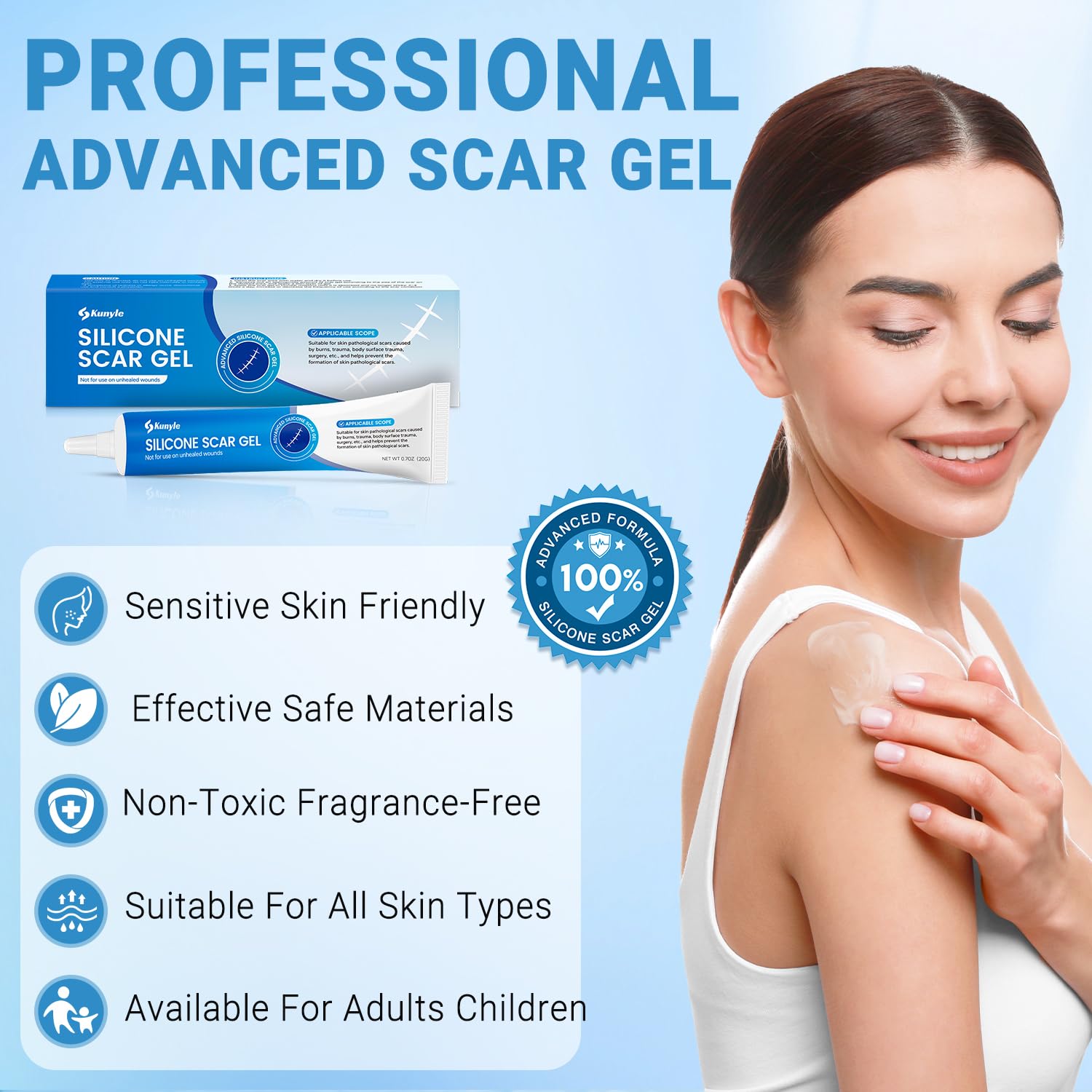 Kunyle silicone scar gel application demonstrating circular massage for scar refinement