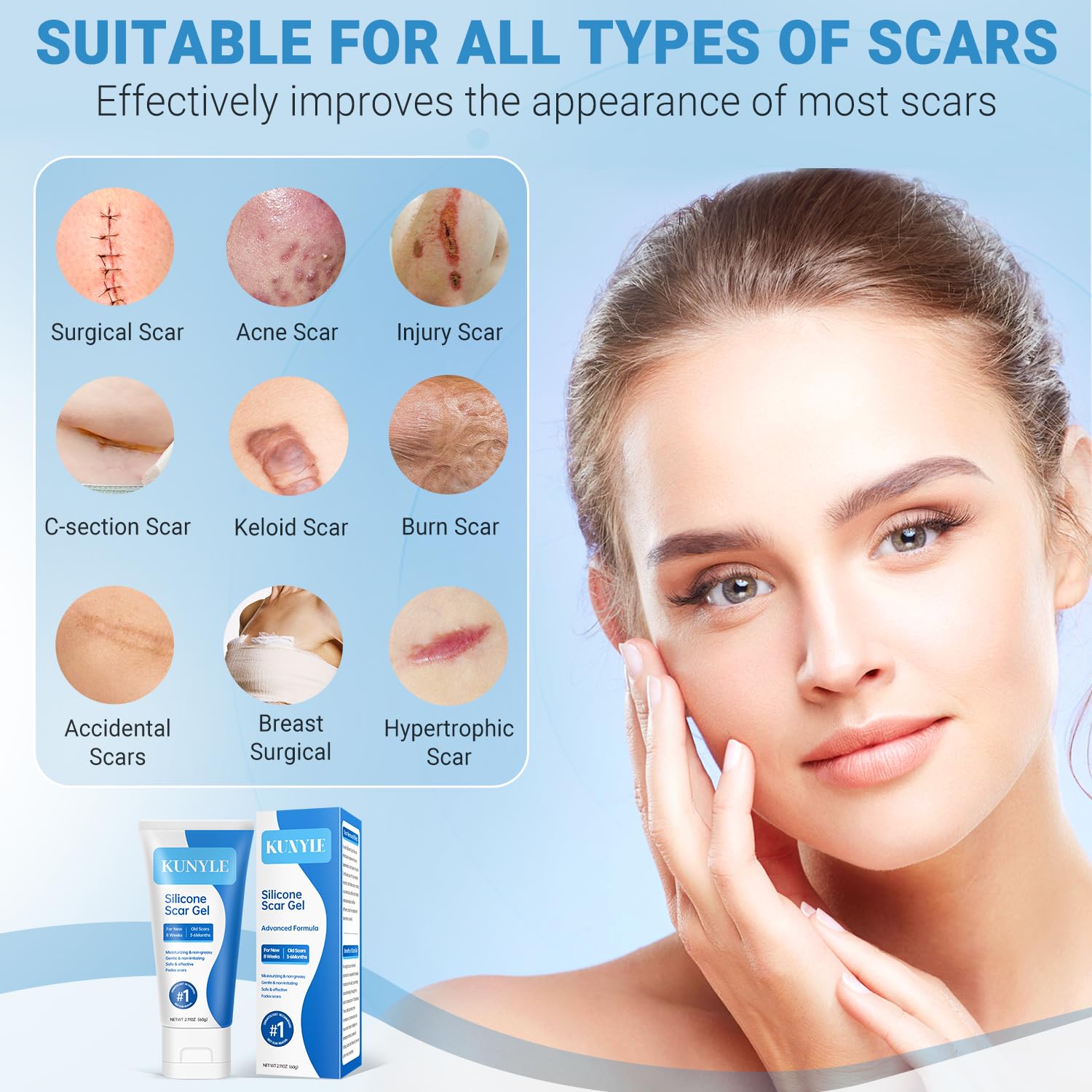Kunyle silicone scar gel packaging and instruction leaflet for easy use