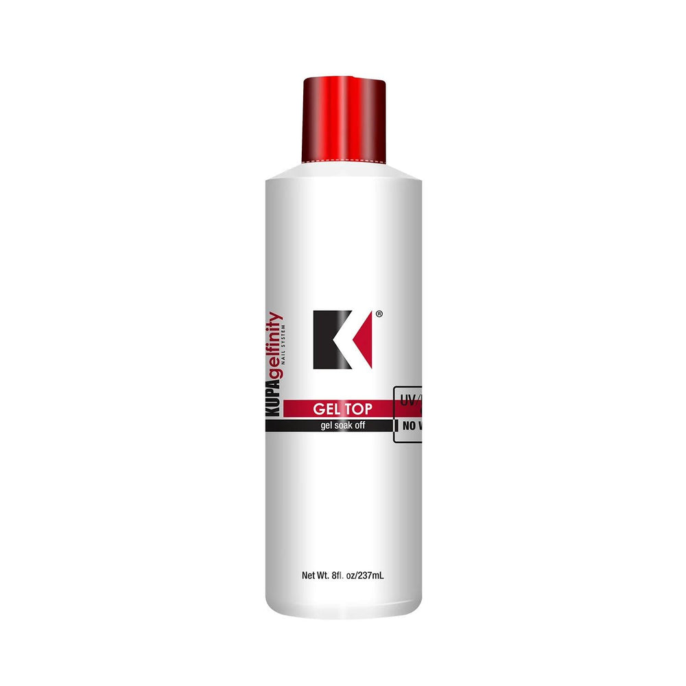 KUPA GelFinity gel topcoat bottle emphasizes long-lasting glossy finish for durable nails.