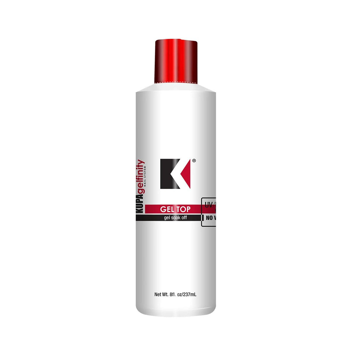 KUPA GelFinity gel topcoat bottle emphasizes long-lasting glossy finish for durable nails.