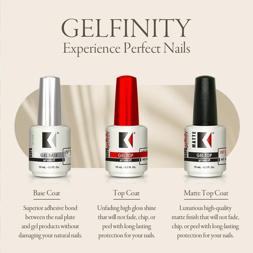 KUPA Gelfinity top coat matte delivers smooth, fade-free matte finish.