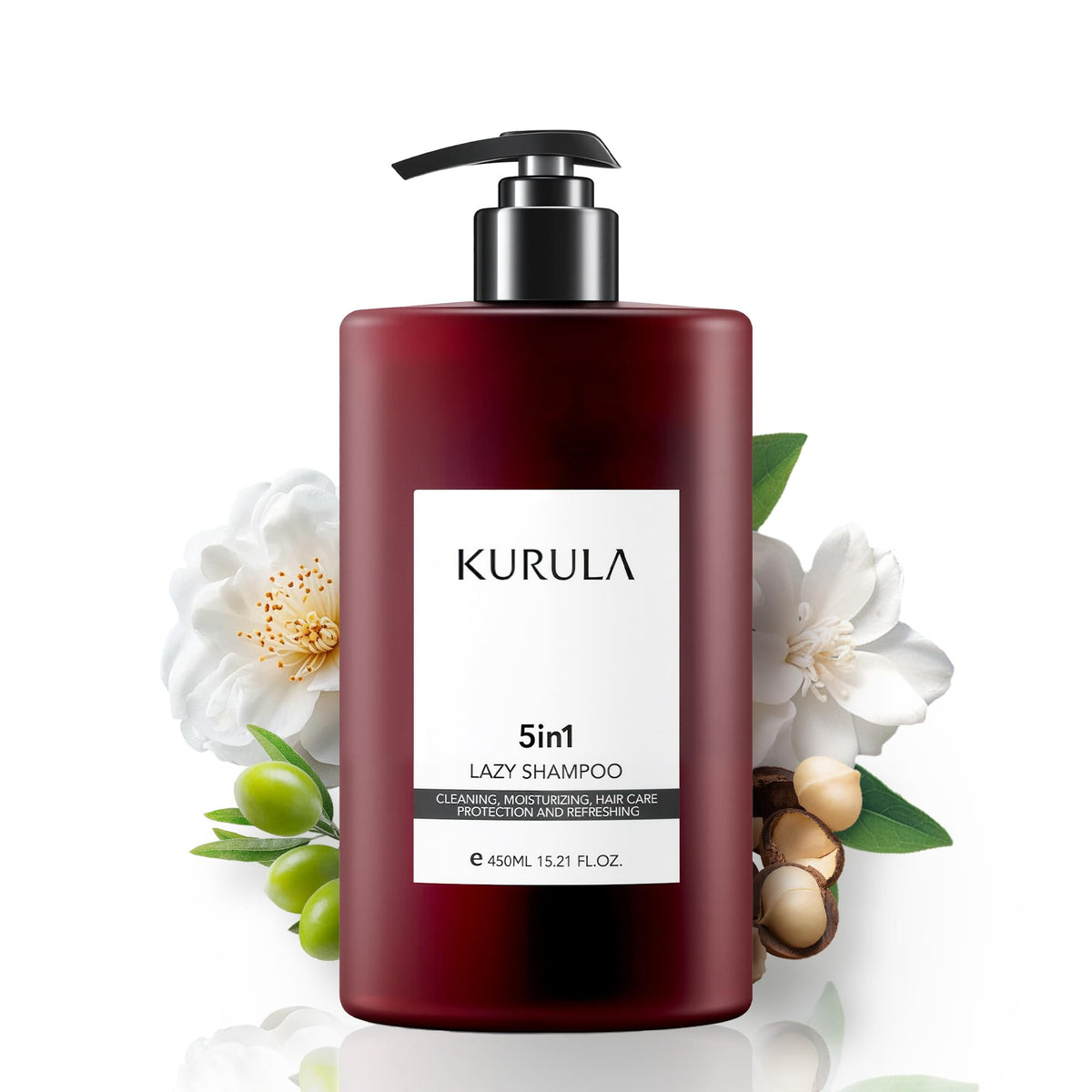 Kurula Shampoo bottle closed signals all-in-one care for healthier, shinier hair.