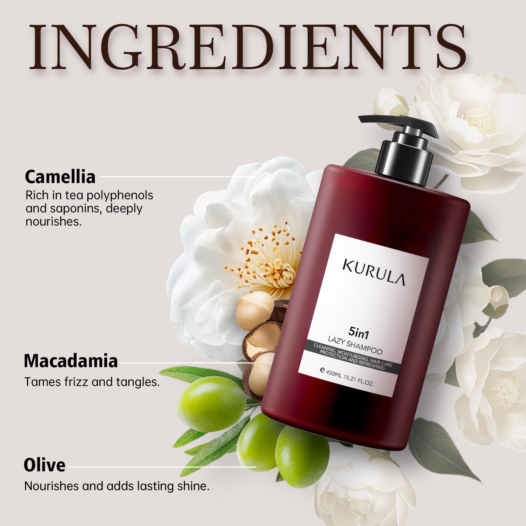Kurula Shampoo ingredients macadamia olive camellia demonstrates natural oils for moisture and repair.