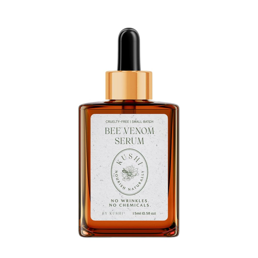 KUSHI Bee Venom Serum bottle shows hydration and potential firming.
