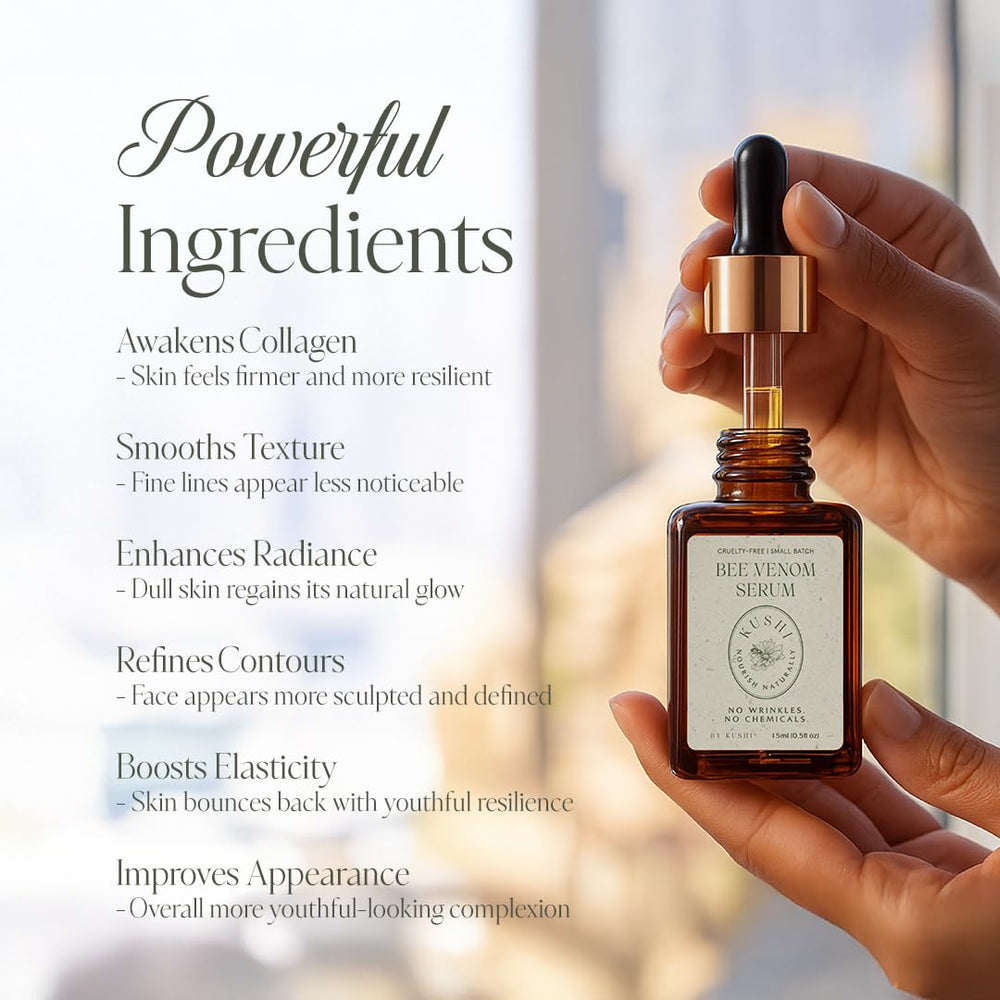 KUSHI Bee Venom Serum jojoba oil detail supports deep moisture.