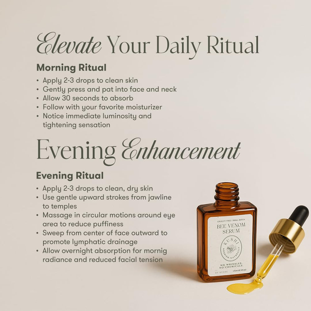 KUSHI Bee Venom Serum Manuka honey detail emphasizes nourishing properties.