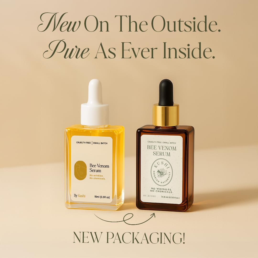 KUSHI Bee Venom Serum packaging highlights clean beauty and cruelty-free values.