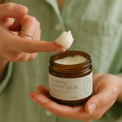 KUSHI grass-fed tallow cream jar label closeup highlights clean ingredients