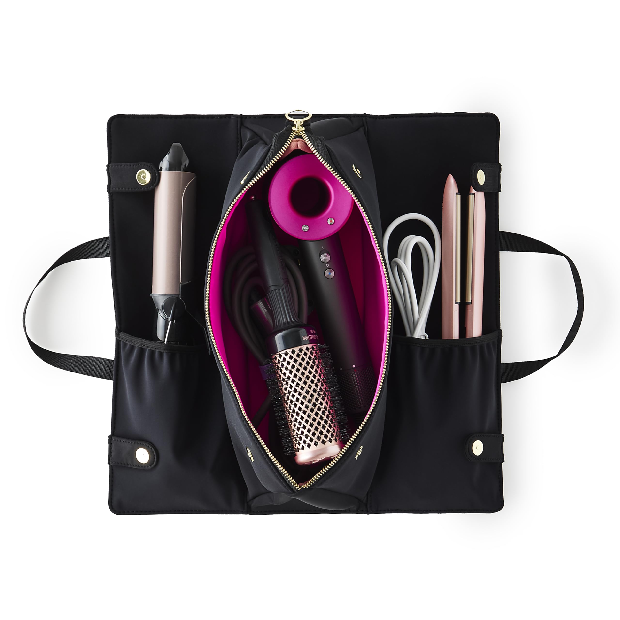 KUSSHI hair tools bag front view in black protects tools during travel.
